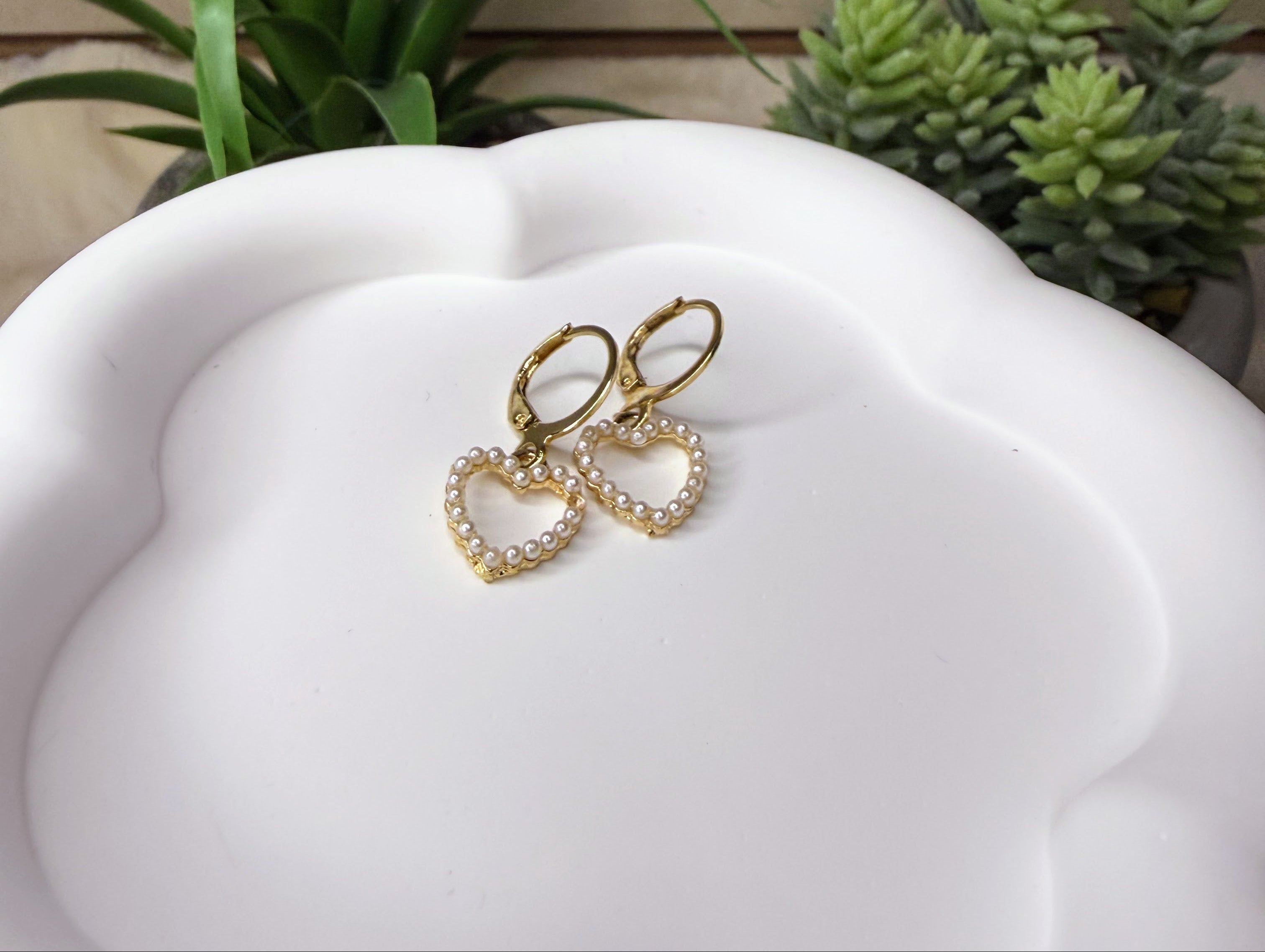 Small Gold Heart Dangle Earrings | Lightweight Enamel, Pearl, and Crystal Heart Huggies | Valentine’s & Anniversary Jewelry Gift