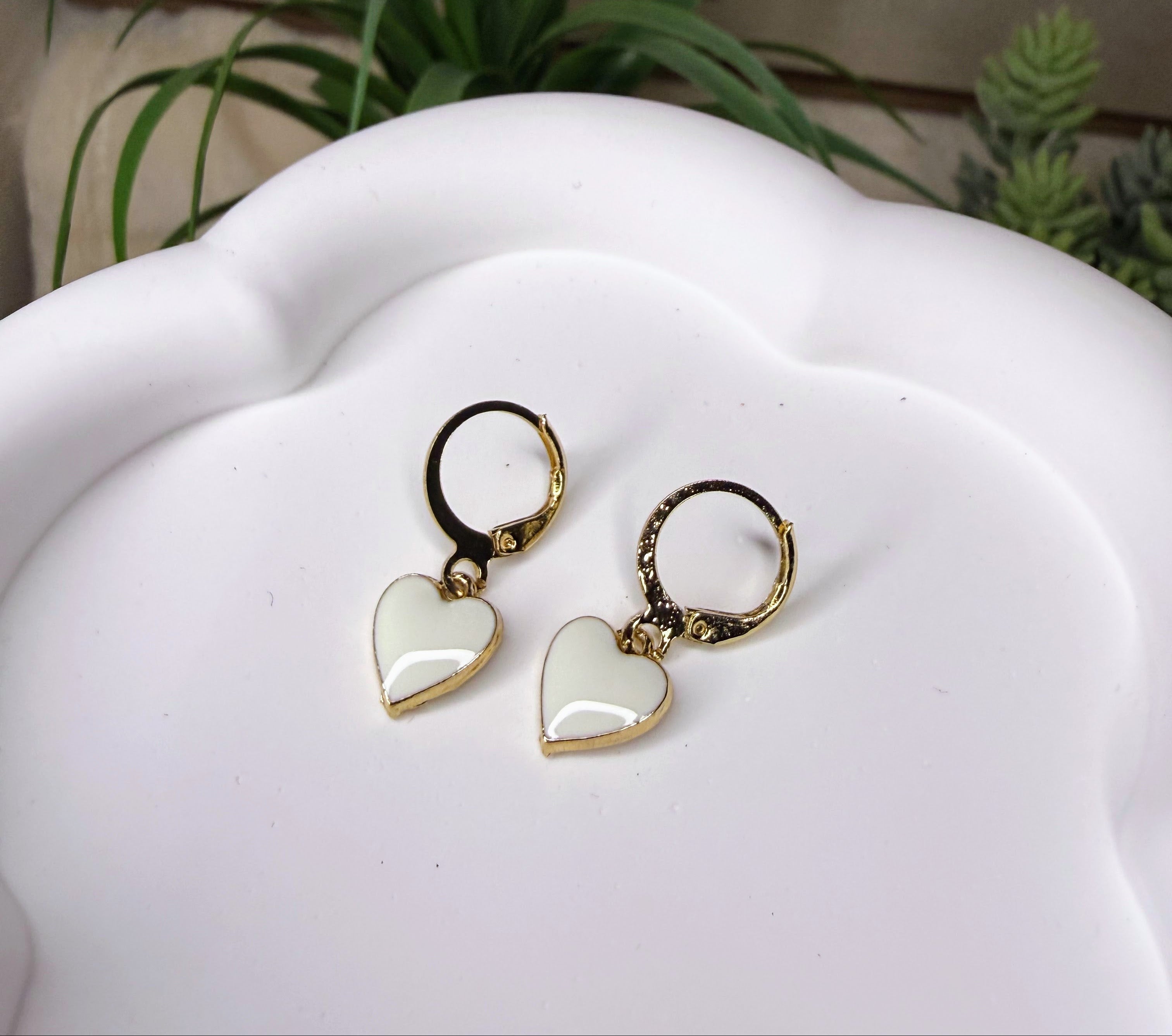 Small Gold Heart Dangle Earrings | Lightweight Enamel, Pearl, and Crystal Heart Huggies | Valentine’s & Anniversary Jewelry Gift