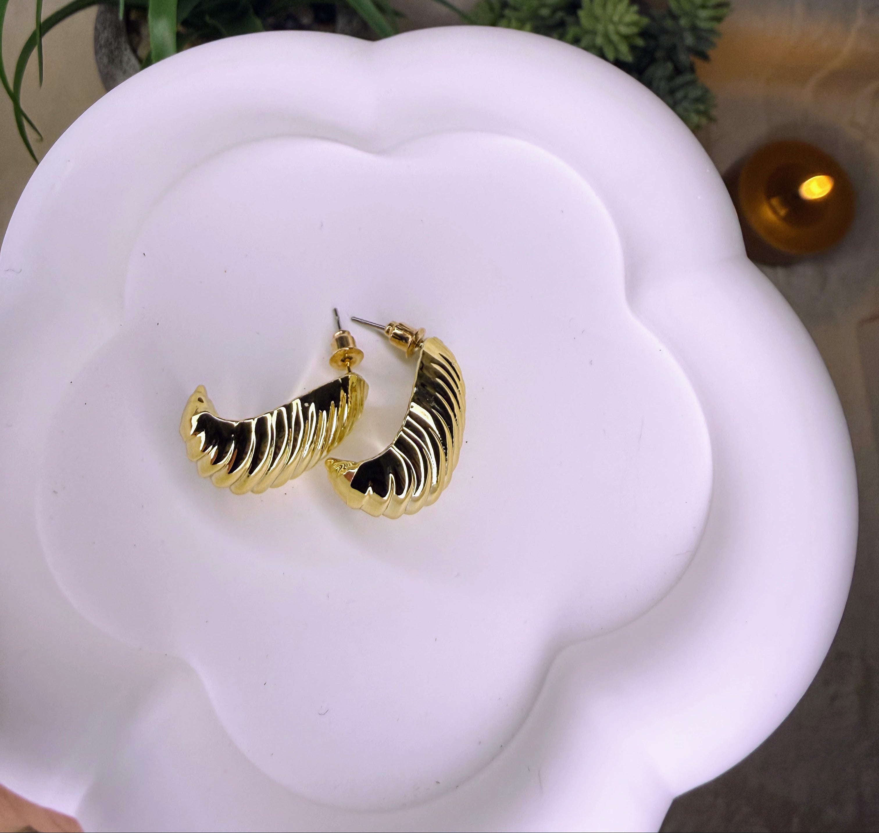 Gold and black zebra-striped hoop earrings on a white dish with plants in the background
