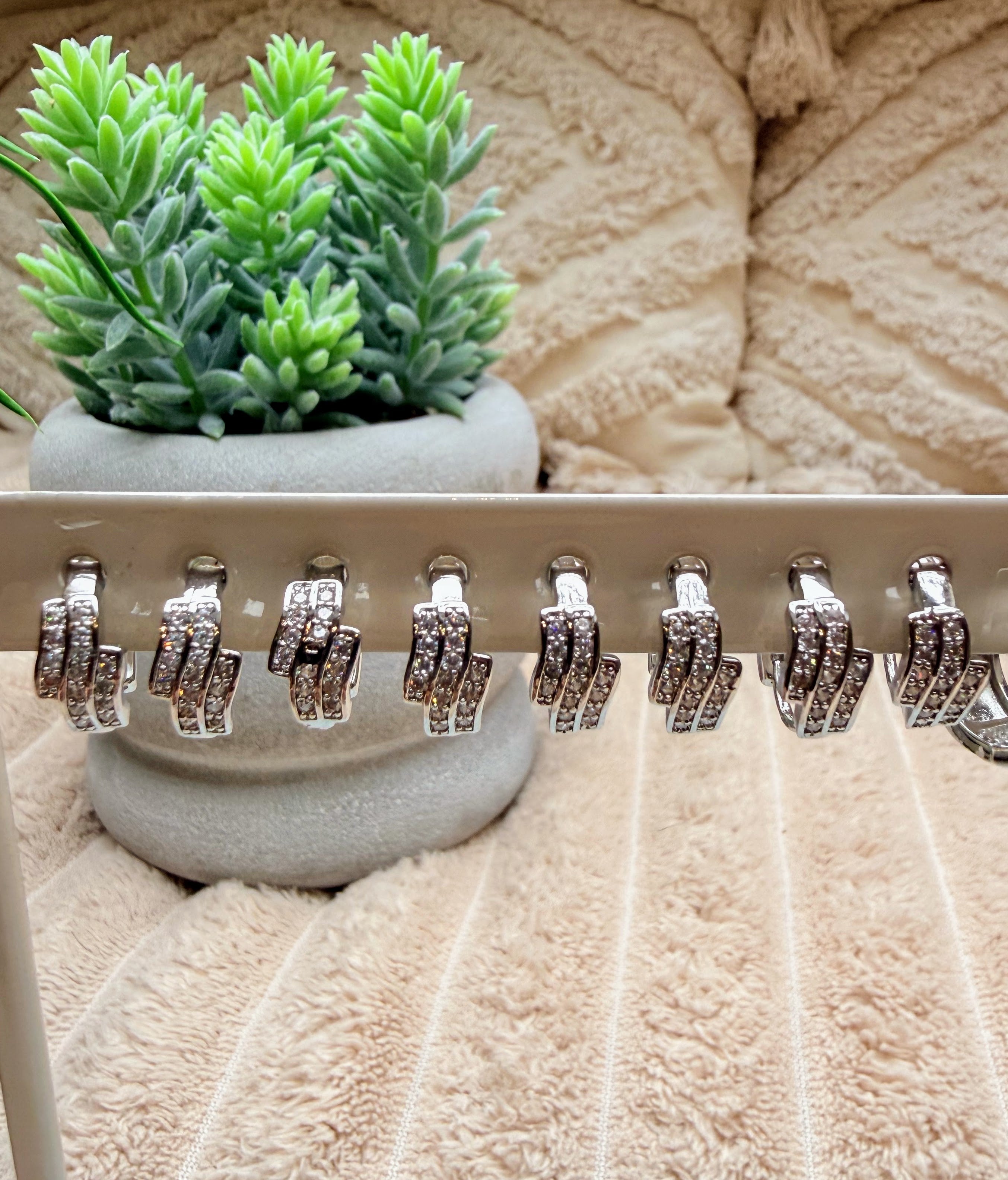 Small potted plant on a white surface with decorative metal clips.